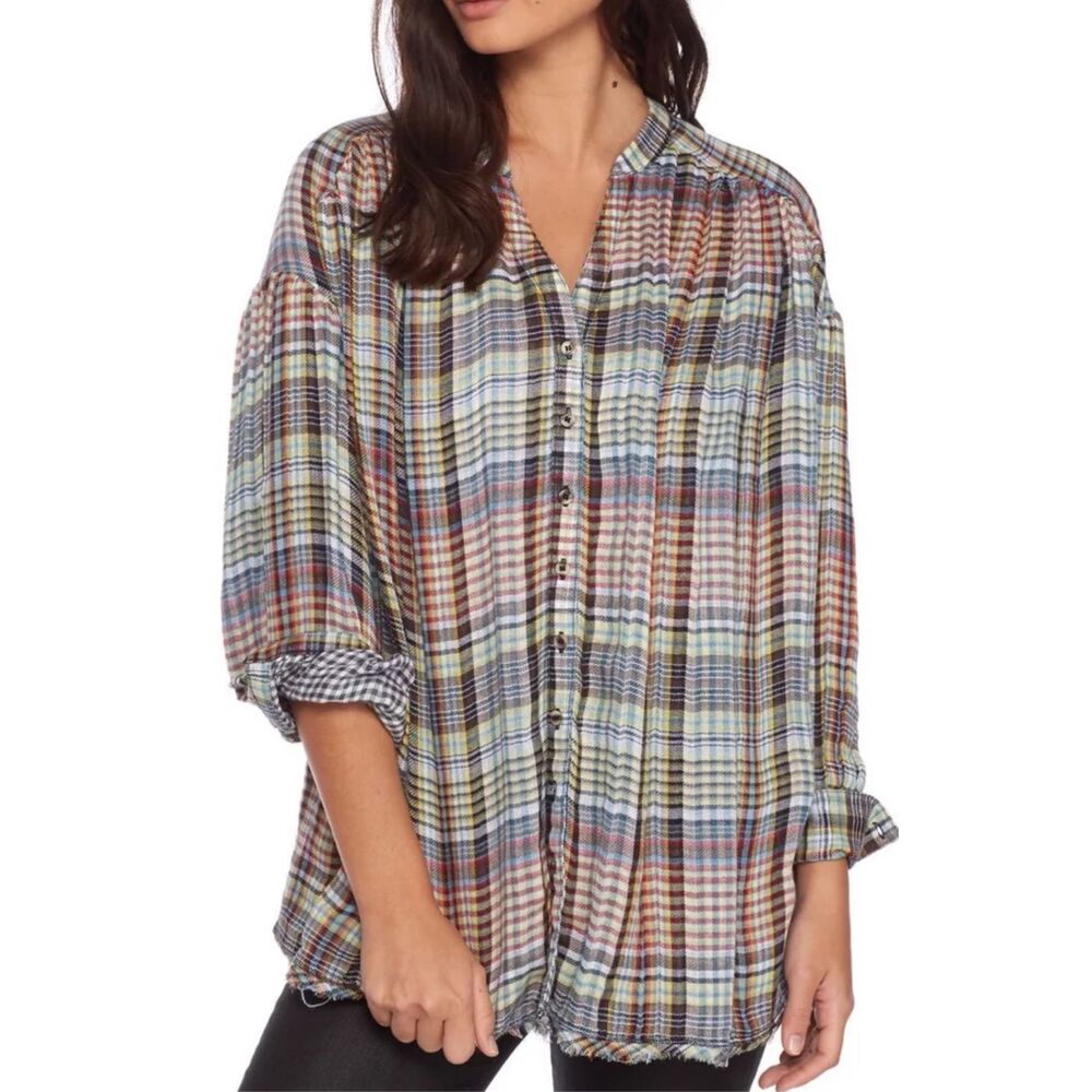 Free People 'Come Over Buttondown’ plaid flowy gauzy women’s Size Small